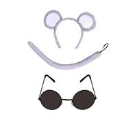 Jokeshop Ensemble de souris aveugles grises oreilles, queue et lunettes noires pour adultes accessoire animal déguisement conte de fées trois souris