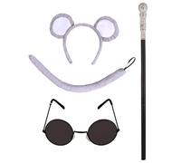 jokeshop Lot de 4 souris aveugles grises (oreilles grises, queue, lunettes et canne noires) pour adultes accessoire animal rat journée mondiale du livre adulte déguisement conte de fées trois souris