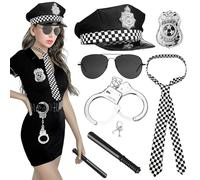 JOKILY Costume de police des années 7 pour homme et femme - Bonnet de police - Menottes - Insigne de police - Cravate - Lunettes noires - Accessoire de costume de carnaval pour adulte et enfant