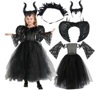JOKILY Deguisement Maléfique Fille Halloween, Maléfique Costume Enfant, Maléfique Reine Sorciere Robe avec Diadème Cornu Ailes Noires Manches Dentelle pour d'Halloween Carnaval Cosplay Tenue De Fête