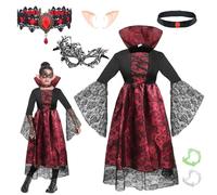 JOKILY Halloween Vampire Costume, Costume de Vampire pour Enfant Fille, Costume Vampira Bambina con Collana, Denti da vampiro, Calzini, Adesivi, Costumes da Regina di Halloween Vampiro Cosplay (L)
