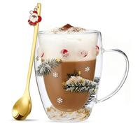 JOKILY Tasse de Noël en verre, Tasse de café de Noël, Verres à double paroi pour Noël, Tasse de Noël personnalisée avec motif de Père Noël et rennes, Cadeaux de Noël pour femmes, filles, hommes (A)