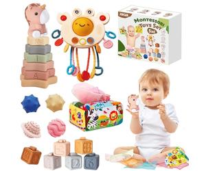 JOKSNK Jouet Bebe 6 Mois-3 Ans, 5 in 1 Montessori Jeux Bébé Eveil, Crabe Jouet, Tour Souple Empilable, Boîte à Tissus Bebe, Balles Sensorielles, Jouets sensoriels pour Fille Garçon 6 9 12 Mois