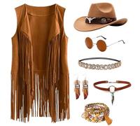 Jokureao Lot de 7 vêtements hippie pour femme - Costume de cowgirl western - Costume hippie pour femme - Avec boucles d'oreilles hippie, lunettes, bracelet, collier, vêtements hippies, années 60, 70