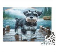 Joli Animal de Compagnie Chien Papier résistant Schnauzer sur Un Quai près du lac avec Arc-en-Ciel Puzzle Anti-Stress Cadeau d’Anniversaire 38x26cm/1000 pièces