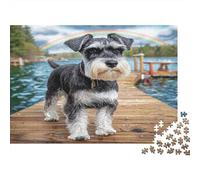 Joli Animal de Compagnie Chien Papier résistant Schnauzer sur Un Quai près du lac avec Arc-en-Ciel Puzzle Anti-Stress Cadeau d’Anniversaire 52x38cm/1000 pièces