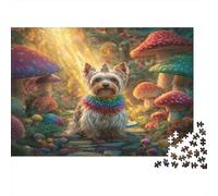 Joli Animal de Compagnie Chien Papier Yorkshire Terrier dans Une forêt enchantée avec Champignons et Arc-en-Ciel Kit Puzzle Cadeau Secret de Noël Stimulant Mental 38x26cm/1000 pièces