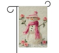 Joli bonhomme de neige avec un chapeau rose drapeau de jardin saisonnier vacances toile de jute double face maison cour drapeaux extérieurs 30,5 x 45,7 cm