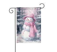 Joli bonhomme de neige souriant portant un chapeau rose drapeau de jardin 30 x 45 cm vertical double face ferme vacances décorations extérieures drapeau de cour