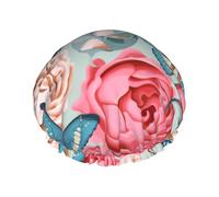 Joli bonnet de douche avec imprimé papillon et fleur - Pour femme - Réglable - Grand bonnet de douche étanche