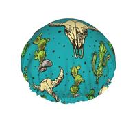 Joli bonnet de douche imprimé cactus et crâne de taureau - Bonnet de bain réutilisable, double couche, sangle élastique réglable, essentiel de voyage durable