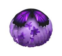 Joli bonnet de douche pour femme avec imprimé papillons violets, léger, réutilisable, doux, double couche, étanche, étanche.