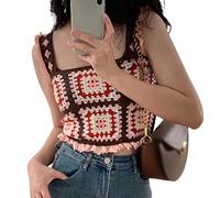 Joli caraco d'été sans manches pour femme, style bohème, décontracté, style ethnique, tricot ajouré pour débardeur, vêtements de plage, hauts en tricot pour femme, camisole florale ajourée au crochet