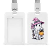 Joli chapeau de sorcière rose fantôme tenant un bâton porte-badge d'identification rétractable à clip porte-cartes protecteur badge nom étiquette pour le travail, le bureau, le médecin, l'infirmière
