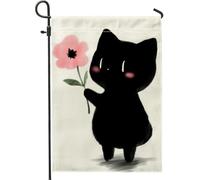 Joli chat tenant un drapeau de jardin en forme de fleur de pêche, décoration extérieure printemps-été, drapeau double face en toile de jute pour décoration d'intérieur, adorable motif chaton pour fête