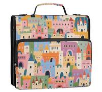 Joli château de dessin animé coloré de 3,8 cm, organiseur à fermeture éclair à 3 anneaux avec poignée et bandoulière amovible, plusieurs poches, portefeuille portable pour l'école et le bureau