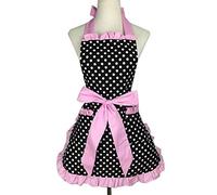 Joli Chéri Rétro Tablier Cuisine Artisanat à Pois Coton Cuisinière Vintage Tablier Robe avec Poche pour Femme Cuisson Chef Serveurs Filles Cuisinière Catering Travail Tablier - Rose- Noir