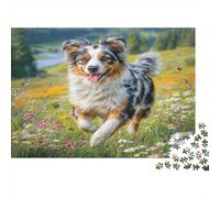 Joli Chien Animal de Compagnie Carton Rigide Berger Australien Courant dans Une Prairie Fleurie Puzzle Classique Stimulant Mental pour débutants 70x50cm/1000 pièces