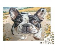 Joli Chien Animal de Compagnie Carton Rigide Bouledogue français dans Un Champ de tournesols Puzzle Classique Cadeau Puzzle Relaxant pour Adultes 38x26cm/1000 pièces