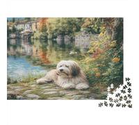 Joli Chien Animal de Compagnie Carton Rigide Havanese près d'un lac avec des Fleurs colorées Puzzle Classique Cadeau Secret de Noël de Collection 70x50cm/1000 pièces