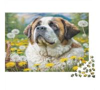 Joli Chien Animal de Compagnie Carton Rigide Saint-Bernard dans Un Champ de pissenlits Puzzle Classique Stimulant Mental pour débutants 70x50cm/1000 pièces