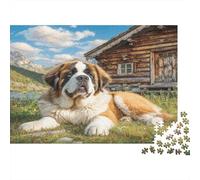 Joli Chien Animal de Compagnie Carton Rigide Saint-Bernard près d'une cabane en Bois dans Les Montagnes Puzzle Classique Activité relaxante pour Toute la Famille 38x26cm/1000 pièces