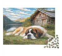 Joli Chien Animal de Compagnie Carton Saint-Bernard au Bord d’Un lac avec des Montagnes et Une cabane en Bois Puzzle Premium Petite Surprise décorative 38x26cm/1000 pièces