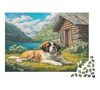 Joli Chien Animal de Compagnie Carton Saint-Bernard près d'un lac avec des Montagnes et Une cabane en Bois Puzzle Premium pour Personnes âgées Entraînement cérébral 52x38cm/1000 pièces