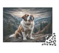 Joli Chien Animal de Compagnie Carton Saint-Bernard sur Une Falaise de Montagne au Coucher du Soleil Puzzle Premium Cadeau Familial Stimulant pour Enfants 52x38cm/1000 pièces