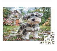 Joli Chien Animal de Compagnie Carton Schnauzer dans Un Jardin de Cottage avec Un Chemin en Pierre Puzzle Premium pour Personnes âgées Entraînement cérébral 52x38cm/1000 pièces