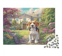 Joli Chien Animal de Compagnie Papier Lourd Beagle sur Le Chemin du Jardin vers Un Grand manoir Puzzle pour Personnes âgées Cadeau Secret de Noël Relaxant 38x26cm/1000 pièces