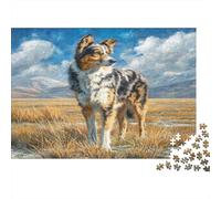 Joli Chien Animal de Compagnie Papier Lourd Berger Australien dans Un Champ doré avec des Montagnes Puzzle Activité relaxante pour débutants 70x50cm/1000 pièces