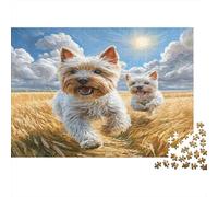 Joli Chien Animal de Compagnie Papier Lourd Deux Westies Courant dans Champ de blé doré Puzzle pour Seniors Cadeau Secret Santa Relaxant 70x50cm/1000 pièces
