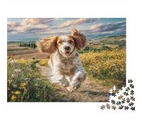 Joli Chien Animal de Compagnie Papier Lourd Épagneul Breton Courant dans Un Champ de Fleurs Sauvages Puzzle Activité relaxante pour débutants 70x50cm/1000 pièces
