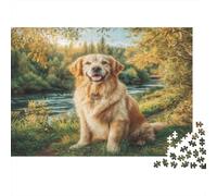 Joli Chien Animal de Compagnie Papier Lourd Golden Retriever près d'une rivière dans Une forêt d'automne Puzzle pour Personnes âgées Cadeau Secret de Noël Relaxant 70x50cm/1000 pièces