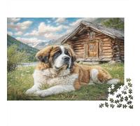 Joli Chien Animal de Compagnie Papier Lourd Saint-Bernard près d'une cabane en Bois dans Les Montagnes Puzzle Activité relaxante pour débutants 70x50cm/1000 pièces