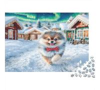 Joli Chien Animal de Compagnie Papier Poméranien dans Village enneigé avec aurores Puzzle Cadeau de Collection Anti-Ennui 38x26cm/1000 pièces