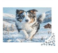 Joli Chien Animal de Compagnie Papier Premium Berger Australien Courant dans Un Champ enneigé Puzzle DIY Petite Surprise Amusante pour Enfants 12+ 70x50cm/1000 pièces