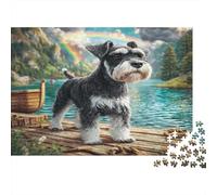 Joli Chien Animal de Compagnie Papier Premium Schnauzer sur Un Quai au Bord d’Un lac avec Un Arc-en-Ciel Puzzle DIY Petite Surprise stimulante mentalement 38x26cm/1000 pièces
