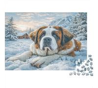 Joli Chien Animal de Compagnie Papier recyclé Saint-Bernard se reposant dans la Neige avec Une cabane Puzzle Cadeau décoratif pour Enfants 52x38cm/1000 pièces