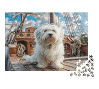 Joli Chien Animal de Compagnie Papier résistant Havanese sur Un Quai avec Un Bateau Pirate Puzzle Activité familiale éducative 52x38cm/1000 pièces