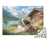 Joli Chien Animal de Compagnie Papier Saint-Bernard près d'un lac avec des Montagnes et Une cabane en Bois Lot de Puzzle Cadeau d'anniversaire Entraînement cérébral 52x38cm/1000 pièces