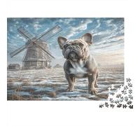 Joli Chien Carton Bouledogue français Debout près d’Un Moulin à Vent sous la Neige Puzzle Premium Cadeau de Noël décoratif 70x50cm/1000 pièces