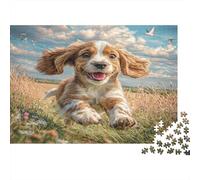 Joli Chien Carton Cavalier King Charles Spaniel sautant dans l’Herbe Puzzle Premium Entraînement cérébral Décoration d’intérieur 52x38cm/1000 pièces