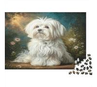 Joli Chien Carton Chien Poilu Blanc dans Un Champ de Fleurs au Coucher du Soleil Puzzle Classique Activité relaxante familiale 52x38cm/1000 pièces