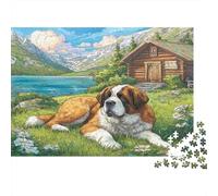 Joli Chien Carton Saint-Bernard allongé près d’Un lac et d’Une cabane en Bois Puzzle Classique Cadeau d’entraînement cérébral pour Adultes 52x38cm/1000 pièces