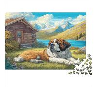 Joli Chien Carton Saint-Bernard allongé près d’Une cabane et d’Un lac Puzzle Premium Cadeau de Noël décoratif 70x50cm/1000 pièces