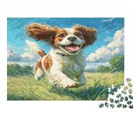 Joli Chien Papier Cavalier King Charles Spaniel Courant dans l’Herbe Puzzle pour Enfants de +12 Ans Cadeau de Noël Amusant 38x26cm/1000 pièces