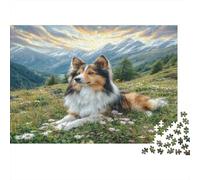Joli Chien Papier Colley allongé dans Une Prairie montagneuse avec des Fleurs Kit Puzzle Cadeau Secret de Noël Stimulant Mental 70x50cm/1000 pièces