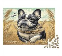 Joli Chien Papier épais Bouledogue français avec Couronne de blé dans du blé doré Puzzle Cadeau Puzzle Relaxant 38x26cm/1000 pièces